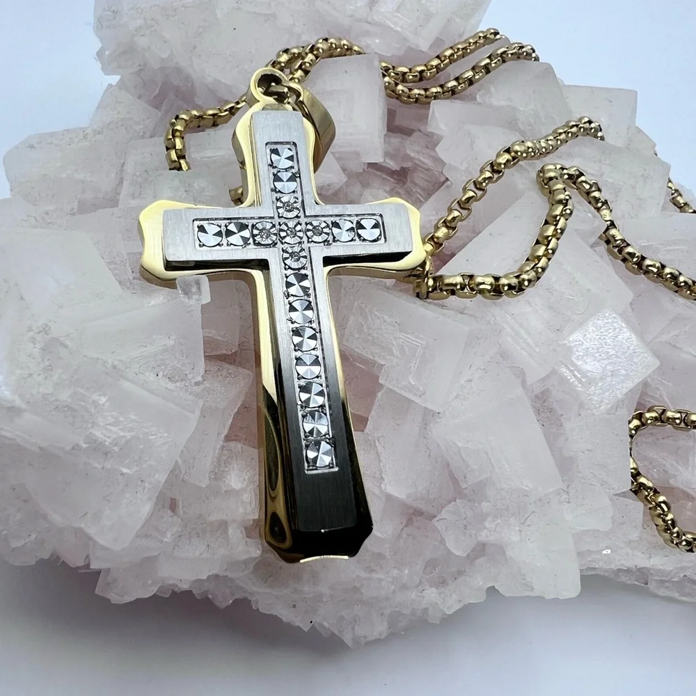 NEW 1/10 Ct Diamond Accent + 18KP Gold & Stainless Steel Cross Necklace, Men’s